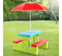 GYMAX Mobili da Giardino per Bambini in PP e Nylon, Set di Mobili per Bambini con Tavolo, Panchine e Ombrellone, Utilizzabili all’Aperto e al Chiuso (ombrellone rosso)