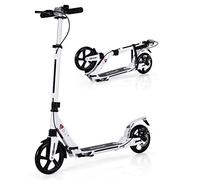 GYMAX Monopattino Spinta per Bambini 8+ Anni, Pieghevole e Portatile, Regolabile a 3 Altezze 86,5-101 cm, Manubrio con Campanello e Freno, in Alluminio, Grandi Ruote di 20 cm, Carico di 100 kg, Bianco