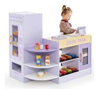 GYMAX Negozio di Alimentari per Bambini, Gioco di Supermercato in Legno Autoportante con Banco Cassa, Macchina POS, Distributore Automatico, Set di Giocattoli Registratore di Cassa (Viola)