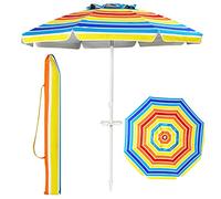 GYMAX Ombrellone da Spiaggia 2x2 M, con 8 Stecche e Asta in Ferro, Ombrellone Inclinabile e Portatile con Portabicchiere, Resistente alla Ruggine, Ideale per Mare, Giardino e Terrazzo (Colorato)