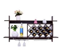 GYMAX Portabottiglie di Vino da Parete in Legno, Scaffale per Vino con 2 Ripiani e 2 File di Portabicchieri, Aspetto Moderno per Salotto e Cantina (Noce Nero - 120x58,5x20 cm)