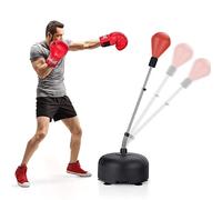 GYMAX Sacco da Boxe da Terra Regolabile in Altezza a 4 Livelli, Punching Ball Boxe con Base Riempibile con Sabbia o Acqua, 6 Dischetti a Ventosa e Guanti Imbottiti in Cotone, Nero (Rosso)