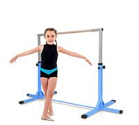 GYMAX Sbarra da Ginnastica Artistica in Legno Massello e Acciaio, Sbarra da Danza Classica per Casa Regolabile in Altezza tra 91 e 150 cm, con Portata di 100 kg, 200 x 121 x 91/150 cm(Blu)