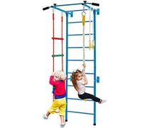 GYMAX Scala Svedese Murale 5 in 1 con Scala Murale, Barra di Trazione, Scala a Corda, Corda e Anelli Ginnici, Barre di Esercizio in Metallo Robusto, per Bambini 3+ Anni (Blu)