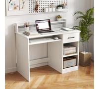 GYMAX Scrivania per Computer con Stazione di Ricarica, USB/Type-c, Tavolo da Studio PC, Ripiani e Cassetto, Foro per Gestione Cavi, Moderno per Camera da Letto, Soggiorno, 105 x 55 x 89 cm, Bianco