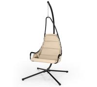 GYMAX Sedia Altalena con Supporto, Sedia Sospesa da Interno ed Esterno con Seduta Extra-Larga e Imbottita, Telaio in Metallo a Forma di X, Kit di Sospensione Sicuro, Sedia Amaca con Supporto (Beige)
