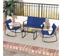GYMAX Set da bistrot a dondolo 4 pezzi, set di mobili da patio con divanetto, 2 sedie a dondolo e tavolino in vetro, set di sedie a dondolo per conversazioni all'aperto per veranda, balcone (Blu)