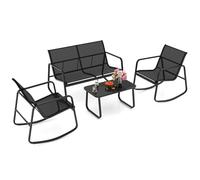 GYMAX Set da bistrot a dondolo 4 pezzi, set di mobili da patio con divanetto, 2 sedie a dondolo e tavolino in vetro, set di sedie a dondolo per conversazioni all'aperto per veranda, balcone (Nero)
