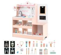 GYMAX Set da Gioco Medico in Legno, Gioco di Ruolo Medico con Stetoscopio, Monitor ECG, Pellicola a Raggi X, Monitor di Pressione Sanguigna, Area d'Esame, 24 Accessori (Rosa)