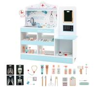 GYMAX Set da Gioco Medico in Legno, Gioco di Ruolo Medico con Stetoscopio, Monitor ECG, Pellicola a Raggi X, Monitor di Pressione Sanguigna, Area d'Esame, 24 Accessori (Blu)