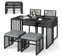 GYMAX Set da Pranzo in Rattan PE a 5 Pezzi, Set da Conversazione per Patio con Cuscini Rimovibili, 2 Poltrone in Rattan, Tavolo in Vetro Temperato e 2 Pouf, per Giardino, Cortile, Bordo Piscina