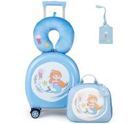 GYMAX Set di 4 valigie per bambini, zaino da 25,4 cm e valigia rigida da 35,6 cm con ruote, cuscino per il collo e targhetta con nome, set di bagagli da viaggio per bambini per scuola, blu e bianco
