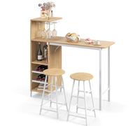 GYMAX Set di Tavolo e 2 Sgabelli da Bar, Salvaspazio con Portabicchieri, Portabottiglie e Mensole Aperte (Naturale)