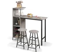 GYMAX Set di Tavolo e 2 Sgabelli da Bar, Salvaspazio con Portabicchieri, Portabottiglie e Mensole Aperte (Grigio)