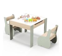 GYMAX Set di tavolo e sedie per bambini, scrivania con 2 sedie, lavagna reversibile e spazio nascosto, set di mobili per bambini in legno, 3 pezzi, per ragazzi e ragazze (verde)