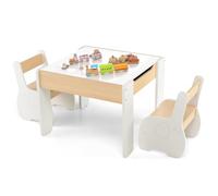 GYMAX Set di tavolo e sedie per bambini, scrivania con 2 sedie, lavagna reversibile e spazio nascosto, set di mobili per bambini in legno da 3 pezzi, per ragazzi e ragazze (bianco)