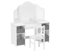 GYMAX Set di toeletta 2 in 1 con specchio pieghevole e 4 contenitori portaoggetti, scrivania in legno per ragazze, per camera da letto, stanza dei giochi (bianco+grigio, sedia: 30 x 30 x 66 cm)