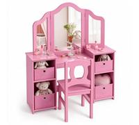 GYMAX Set di toeletta 2 in 1 con specchio pieghevole e 4 contenitori portaoggetti, scrivania in legno per ragazze, per camera da letto, stanza dei giochi (rosa, sedia: 30 x 30 x 66 cm)