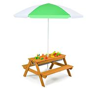 GYMAX Set Tavolo da Picnic 3 in 1 per Bambini, con Ombrello Rimovibile e Pieghevole e 2 Scatole, Set di Tavolo e Panca in Legno per Esterno Giardino Patio (Bianco+Verde)