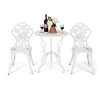 GYMAX Set Tavolo e 2 Sedie da Giardino, Tavoli e Sedie Decorati con Modelli Rose, Set Mobile 3 Pezzi in Alluminio e Ferro, Struttura Robusta e Buona Capacità di Carico (Bianco)