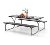 GYMAX Set Tavolo e Panche da Picnic per 8 Persone, Tavolo Picnic da Esterno con Foro per Ombrellone Integrato, Piano Tavolo in HDPE Resistente a Tutte le Condizioni Atmosferiche (Nero)