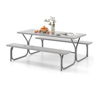 GYMAX Set Tavolo e Panche da Picnic per 8 Persone, Tavolo Picnic da Esterno con Foro per Ombrellone Integrato, Piano Tavolo in HDPE Resistente a Tutte le Condizioni Atmosferiche (Grigio)