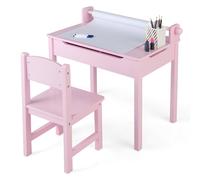 GYMAX Set Tavolo e Sedia per Bambini, Tavolo da Disegno con Rotolo di Carta per Bambini, Scrivania con Spazio di Archiviazione & Gambe in Legno di Pino, per Disegnare, Studiare (Rosa)