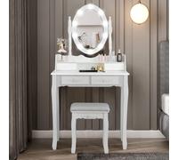 GYMAX Set Toeletta da Trucco, Illuminata a 10 Lampadine LED, 4 Cassetti per Cosmetici, Specchio Regolabile e Staccabile, Sgabello Imbottito, Moderno ed Elegante, 75x40x145 cm, Bianco