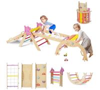 GYMAX Set Triangolare 8 in 1, Giocattoli da Arrampicata Pieghevoli per Bambini Piccoli, Set di Arrampicata Montessori in Legno con Arco, Rampa, Corda da Arrampicate e Scala (Colorato, Unicorno/8 in1)