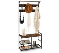 GYMAX Stand Appendiabiti con Panca, Attaccapanni in Metallo con 9 Ganci e Scarpiera, Scaffale per Corridoio, Camera da Letto, Soggiorno, Marrone Vintage, 84 x 30 x 180 cm
