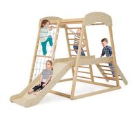 GYMAX Struttura da Arrampicata per Bambini 6 in 1, Parco Giochi in Legno con Scivolo, Pannello e Rete da Arrampicata, Grande Gruppo di Giochi Montessori con Accessori (Naturale, 205 x 112 x 120 cm)