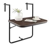 GYMAX Tavolino da Appendere al Balcone, Tavolino Sospeso Pieghevole e Regolabile in Altezza, Resistente alle Intemperie e Senza Ruggine per Ringhiere del Balcone, fino a 30 kg, 60×62,5×84 cm (Marrone)