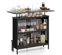 GYMAX Tavolo da Bar, in Metallo, Mobile da Cucina con Ripiano Aperto e 6 Portabicchieri da Vino, Robusto Tavolino con Poggiapiedi Ergonomico, per Cucina e Sala da Pranzo (Nero)