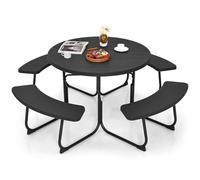 GYMAX Tavolo da picnic all'aperto, tavolo portatile con 4 panche e foro per ombrellone, set da tavolo da picnic rotondo per 8 persone per giardino e terrazzo， 190 x 76 cm (Nero)