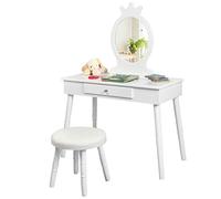GYMAX Tavolo e sedia 2 in 1 per bambine, con specchio e cassetto, in legno, per bambini dai 3 ai 7 anni (bianco senza luci, 70 x 34 x 101 cm)
