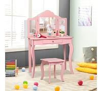 GYMAX Toeletta Bambina, Set Tavolo da Trucco con Sgabello, con Specchio in 3 Parti, Stile Principessa, 70 x 34 x 104 cm (Rosa)