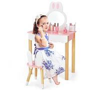 GYMAX Toeletta Bambina, Set Tavolo da Trucco con Sgabello e Specchio Rimovobile, con Cassetto e 2 Portapennei, Design a Forma di Coniglio, 60x34x103 cm (Stile 1)