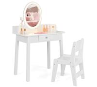 GYMAX Toeletta da Trucco per Bambini con Specchio Illuminato e Sedia, Postazione Trucco con Luce LED a 2 Colori, Cassetto e Portagioie a Forma di Albero, Toletta Trucco per Bambine, Bianco
