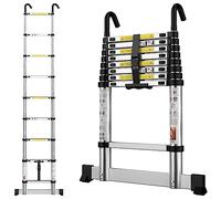 gymount Scala Telescopica 2,6 m Scala Telescopica in Alluminio, con Barra Stabilizzatrice e Ganci Staccabili, Scala Pieghevole Portatile Adatto per riparazioni domestiche, 9 Gradino, Carico 150 KG