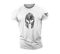 GYMTIER - Maglietta da uomo per bodybuilding, sollevamento pesi e allenamento, motivo: elmo spartano, bianco, 3XL