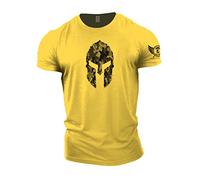GYMTIER - Maglietta da uomo per bodybuilding, sollevamento pesi e allenamento, motivo: elmo spartano, Giallo, L