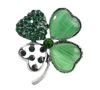 Gyn&Joy Spilla a forma di quadrifoglio portafortuna con strass verde e argento antico