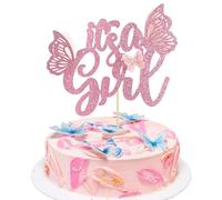 Gyufise 1 confezione di topper per torta con farfalla e scritta "It's a Girl", decorazione per torta rosa glitterata per baby shower, con farfalla 3D fatta a mano, per baby shower, decorazioni per