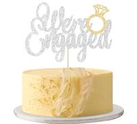 Gyufise 1 topper per torta con anello glitterato con scritta "We're Engaged", decorazione per torte per matrimoni, fidanzamenti, feste a tema, colore argento