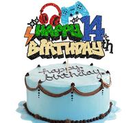 Gyufise 1 topper per torta con scritta "Happy 14th Birthday", con glitter, videogiochi, gioco sui controller, decorazione per torta con quattordici applausi a 14 anni, decorazione per torta a tema di
