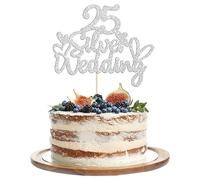 Gyufise 1 topper per torta per 25° anniversario di matrimonio, argento glitterato, decorazione per torta a forma di cuore per celebrazione