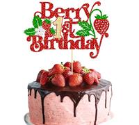 Gyufise 1 topper per torta per il primo compleanno con frutti di bosco glitterati a tema fragola per primo compleanno fragola un plettro per torta a tema fragola baby shower bambini 1 ° compleanno