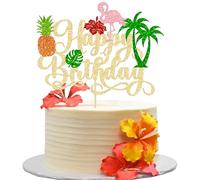 Gyufise 1 topper per torta tropicale Luau Happy Birthday con fiori glitterati palma fenicottero foglia tartaruga ananas Aloha per torte estive spiaggia Hawaii feste a tema decorazioni per torte