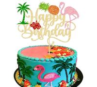 Gyufise 1 topper per torta tropicale Luau Happy Birthday con fiori glitterati palma fenicottero foglia tartaruga ananas Aloha per torte estive spiaggia Hawaii feste a tema decorazioni per torte