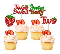 Gyufise 24 decorazioni per cupcake a forma di fragola, glitterate, due stecchini per cupcake, decorazione per il secondo compleanno per feste di compleanno, per baby shower, feste di compleanno
